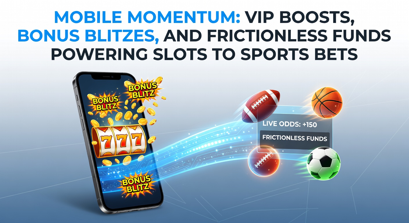 Smartphone mit laufenden Slots und Sportwetten-Apps, umgeben von VIP-Symbolen und Blitz-Boni