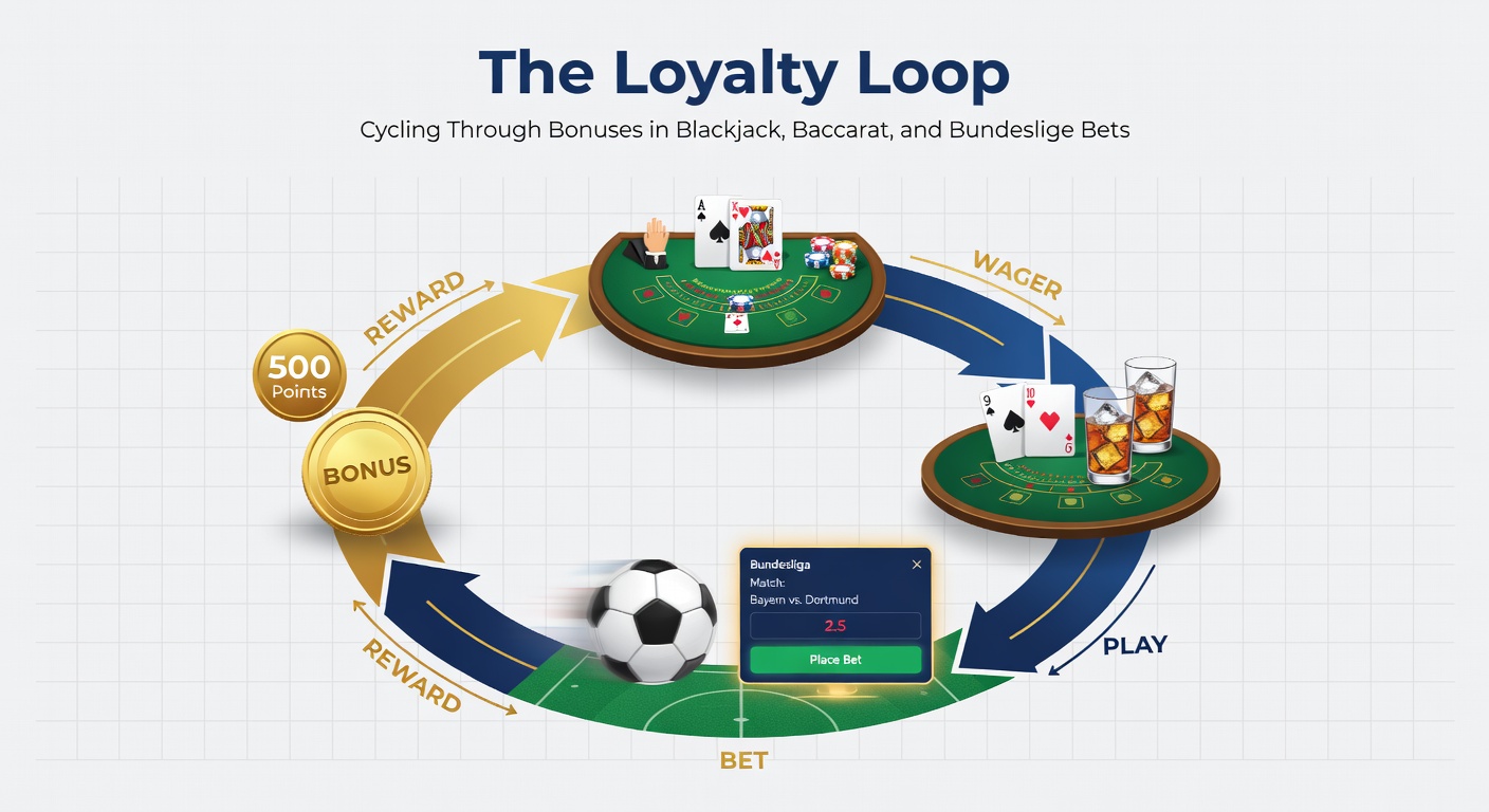 Detaillierte Infografik zu Bonuszyklen in Baccarat und Sportwetten, mit Pfeilen, die Punktefluss von Tisch zu Bundesliga darstellen
